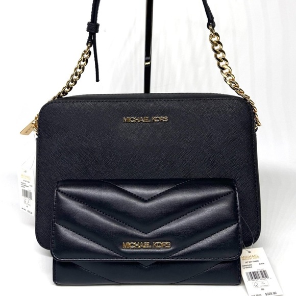 Michael Kors Large Logo Crossbody Bag & Matching Quilted Trifold Wallet Black - Picture 2 of 11